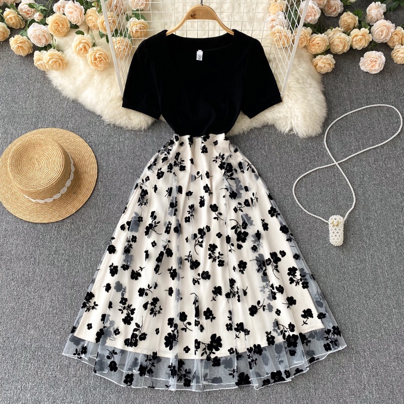 Com Forro Vestido Floral De Manga Curta Feminino Verão Casual