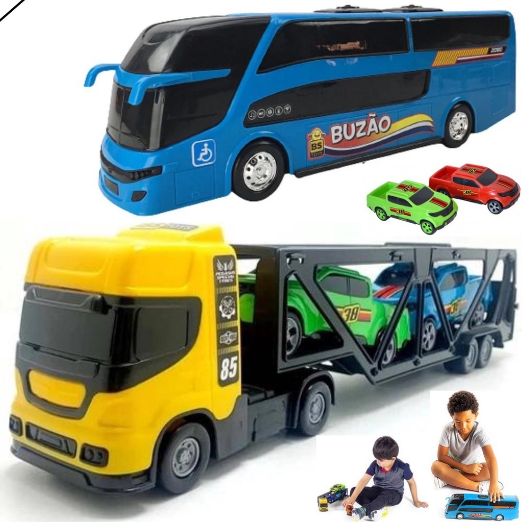 Kit 1 Caminhão Cegonheira C/ 2 Carrinhos Caminhão Reboque Cegonha C/  Carrinho + 1 Onibus Buzão Brinquedo Infantil - Escorrega o Preço