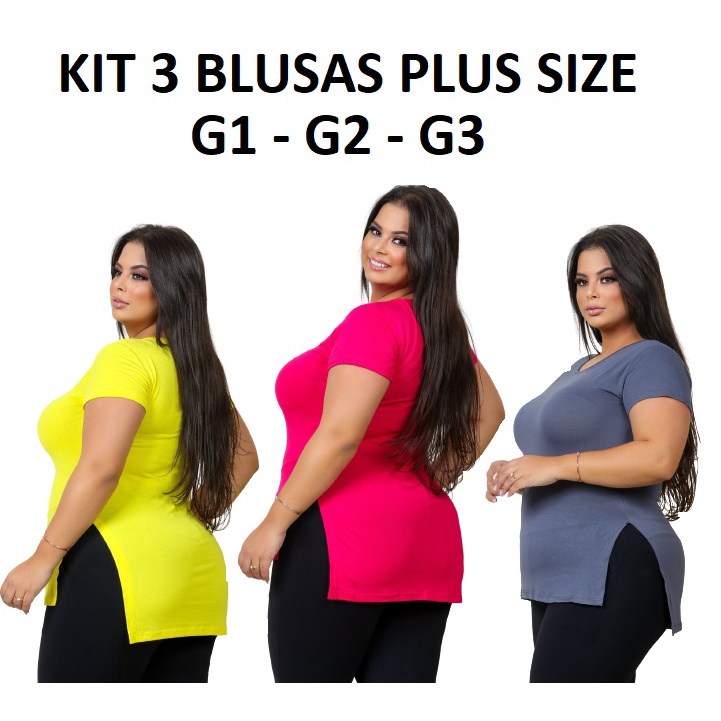 Kit 3 Blusas Plus Size Feminina T-shirt Manga Curta Basica Lisa Cobre Leg Academia Exercicios Tapa Bumbum