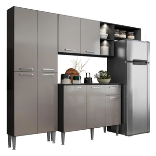 Cozinha Compacta Multimóveis Pequim FG3572 com 2 Leds Armário e Balcão Preta/Lacca Fumê