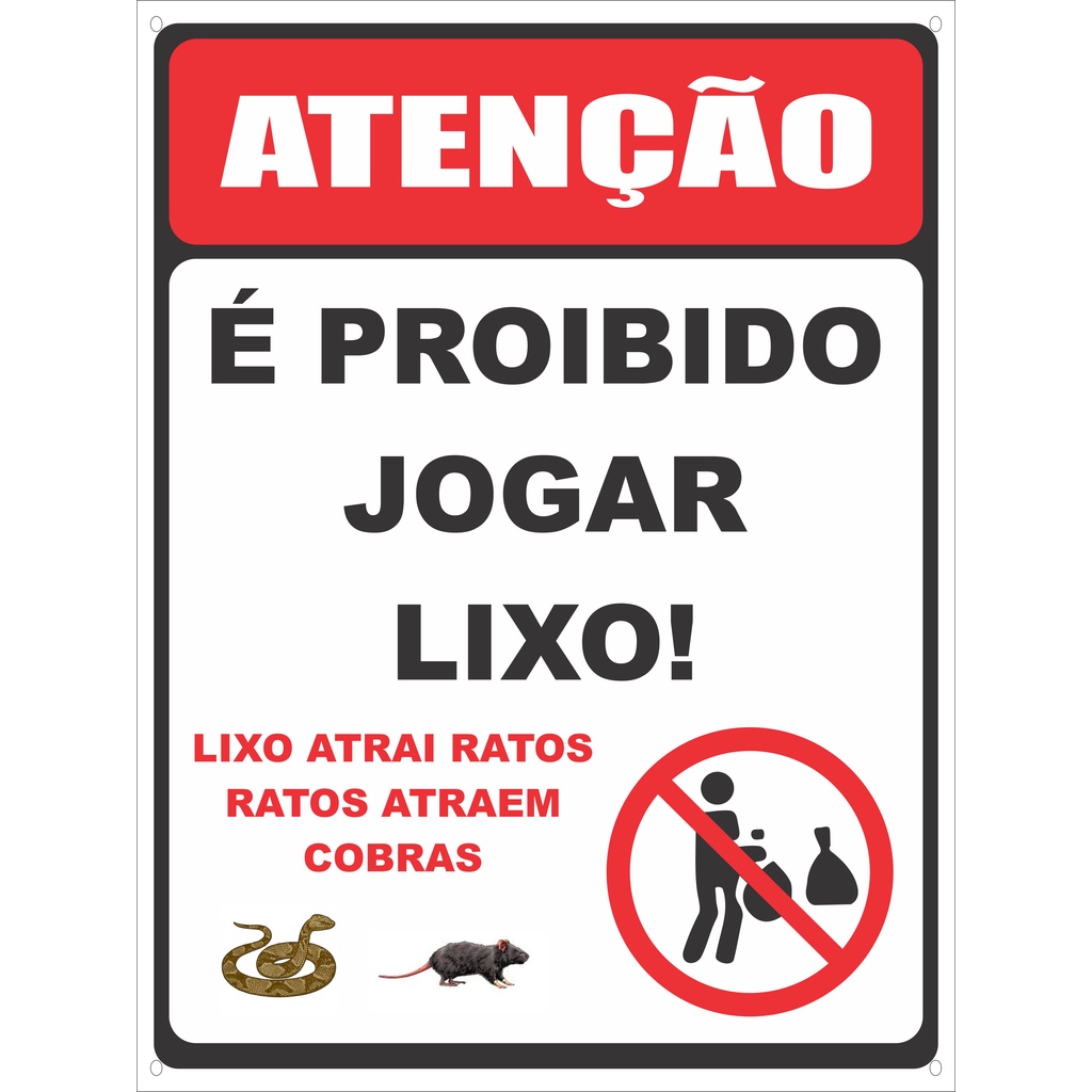 Placa PVC_30x40 Atenção Proibido jogar lixo ratos e cobras | Shopee Brasil