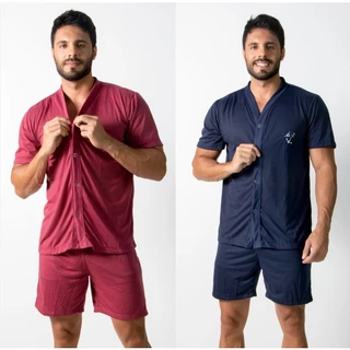 KIT 2 Pijamas Curto Botões Masculino Aberto Básico Confortável RLC Modas em Oferta na Shopee