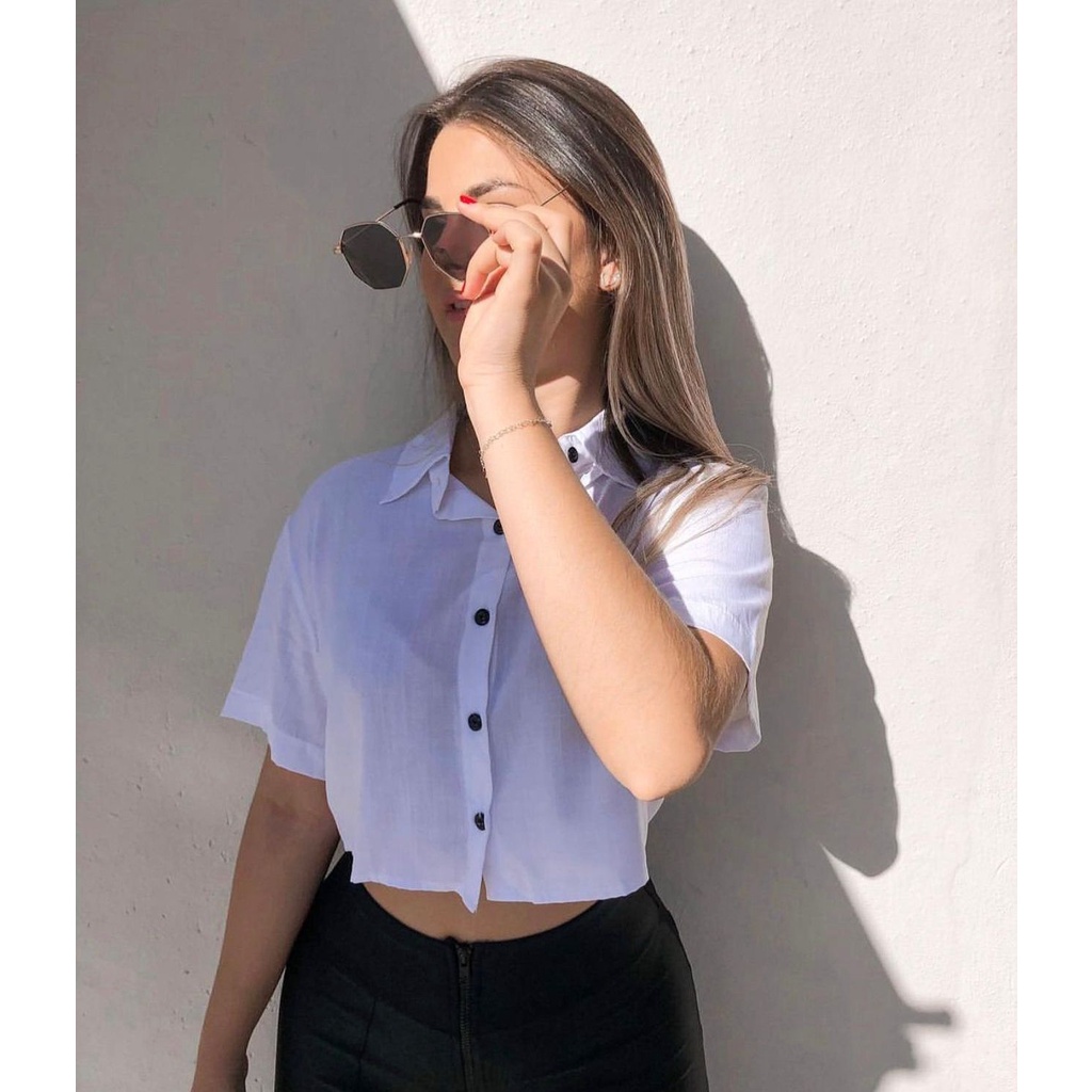 Blusa Feminina Cropped Camisa Social Botões Em Viscose verão 2023