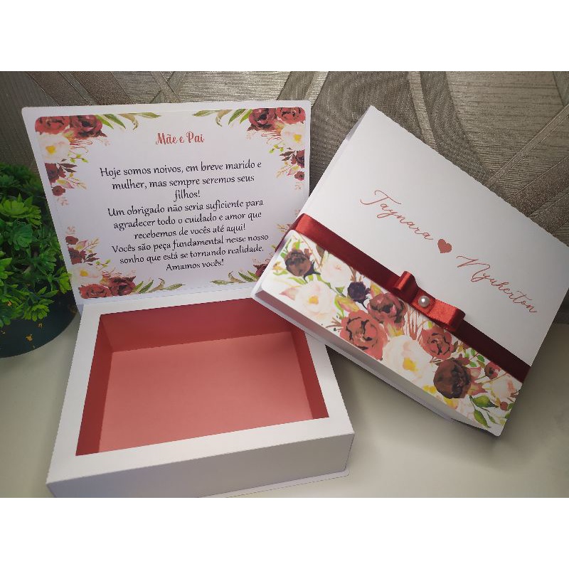 Caixa Convite Padrinhos de Casamento Marsala - cabe Gravata e Pulseira