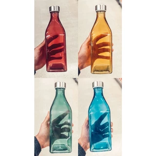 Garrafa Colorida Quadrada De Vidro 1 Litro Tampa Inox Água Suco Linda Sua Cozinha vai ficar Charmosa