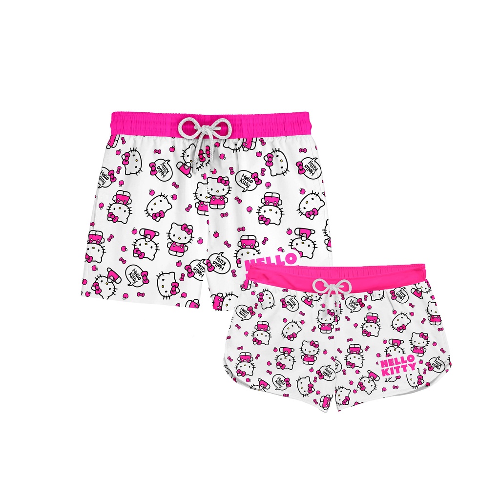 Kit Casal Short Praia Hello Kitty Pink Rosa Gatinho Cat Boneca