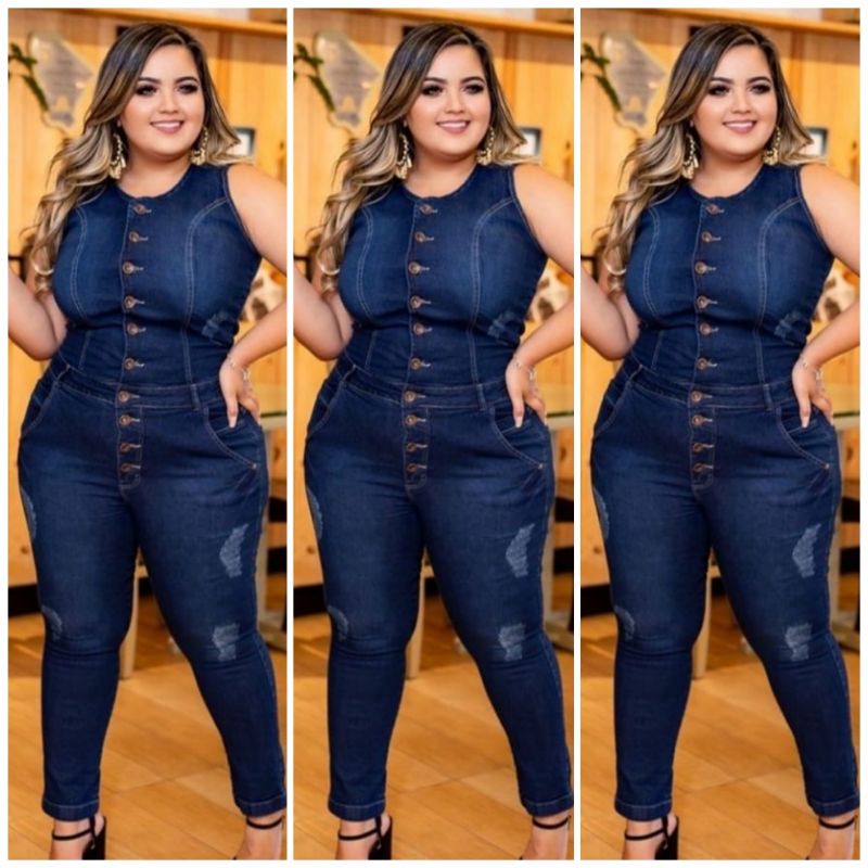 Macacão jeans feminino longo best sale plus size