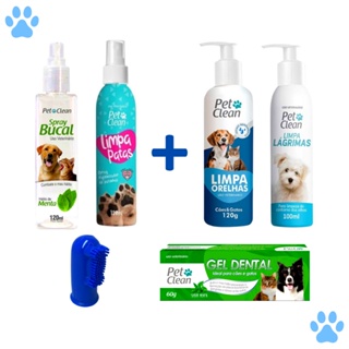 Kit Higiene Completo: Limpa Lágrimas + Ouvidos + Patas + Spray Bucal Menta + Gel Dental Menta + Escova Dedeira Pet Clean
