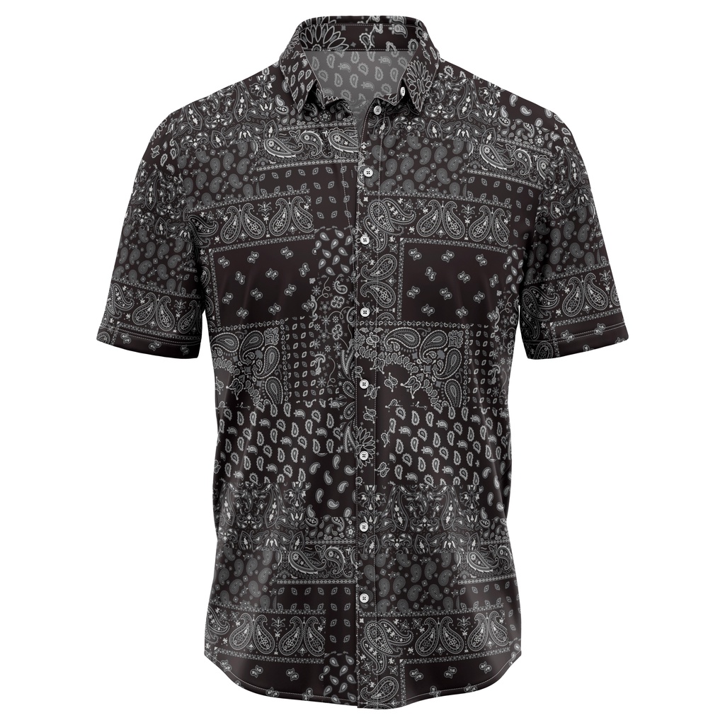 Camisa de botão mandala indiana retalhos de tecido de bandana preta estampada