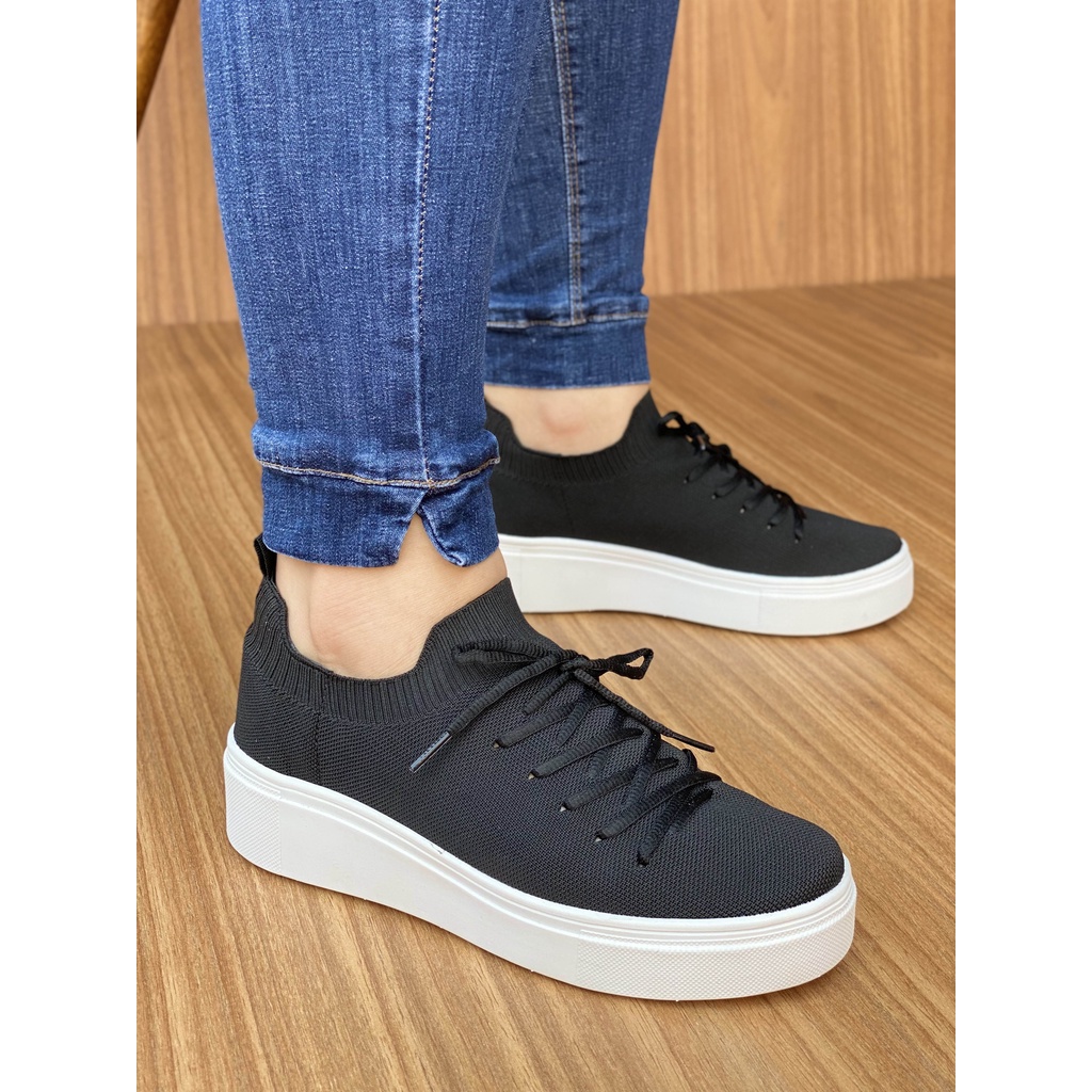 Tênis Feminino Meia Casual Preto Solado Branco