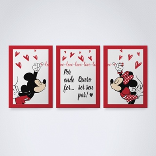 Kit 3 Placas Quadros Decorativos Para sua Casa Sala Quarto Cozinha Lar Mickey e Minnie Casal Apaixonado Borda Infinita