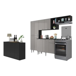 Cozinha Completa c/ Buffet/Aparador Paris Multimóveis MP2043 Preta/Lacca Fumê