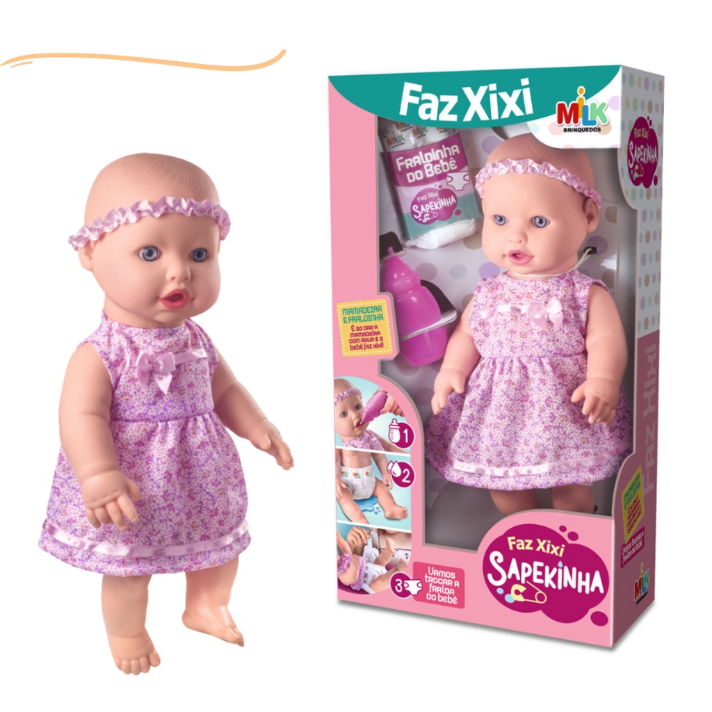 Boneca que faz xixi bebe bonequinha com fralda e mamadeira bonecona nenem bebezão bebê bebezinho brinquedo menina