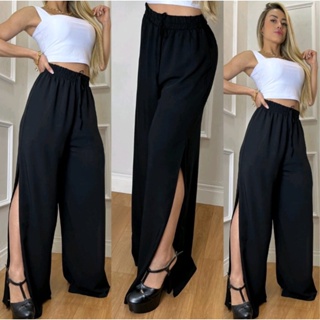 Calça Pantalona Fenda Lateral Cintura Alta com Cordão Forrada Feminina Moda Blogueira Tendência.