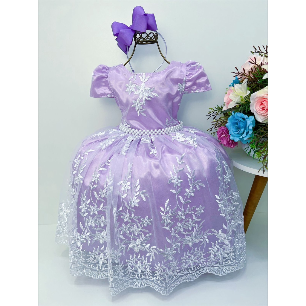 VESTIDO INFANTIL REALEZA LILÁS RENDA PÉROLAS PRINCESA LUXO