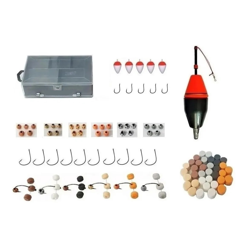 Kit para Pesca de Tambas Boia Cevadeira + Estojo Com Anteninhas Anzóis Miçangas Flutuadores de EVA