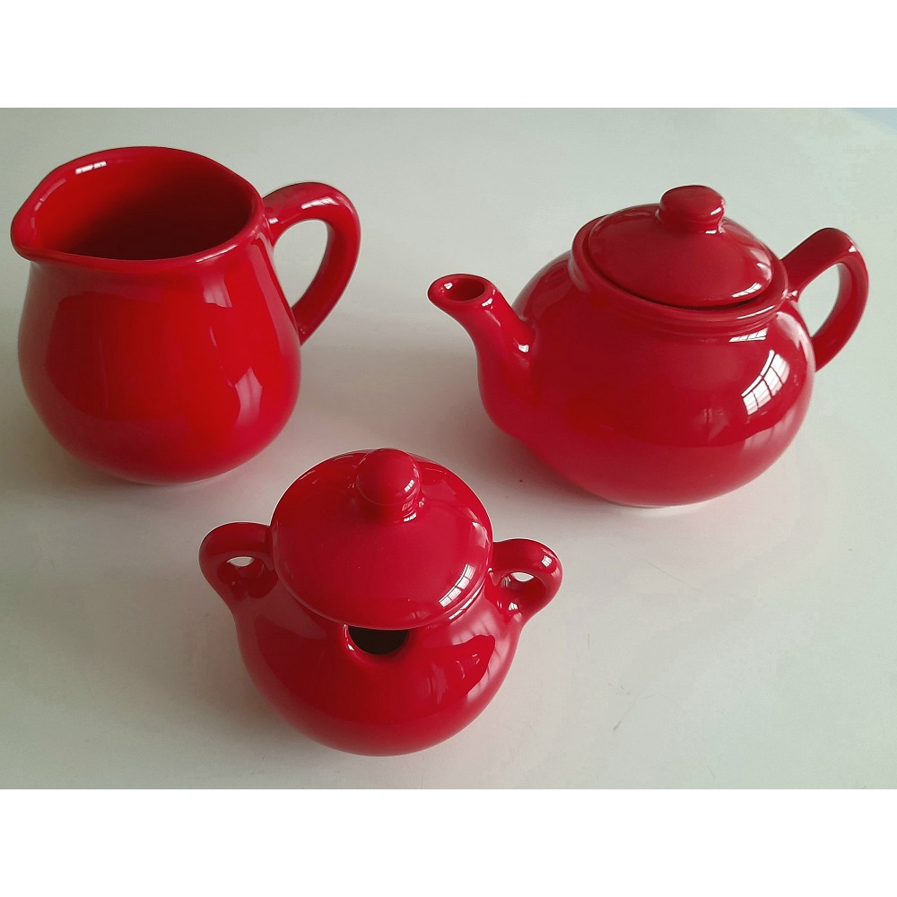 Jogo De Chá Em Ceramica Vermelho Bule 700 Ml