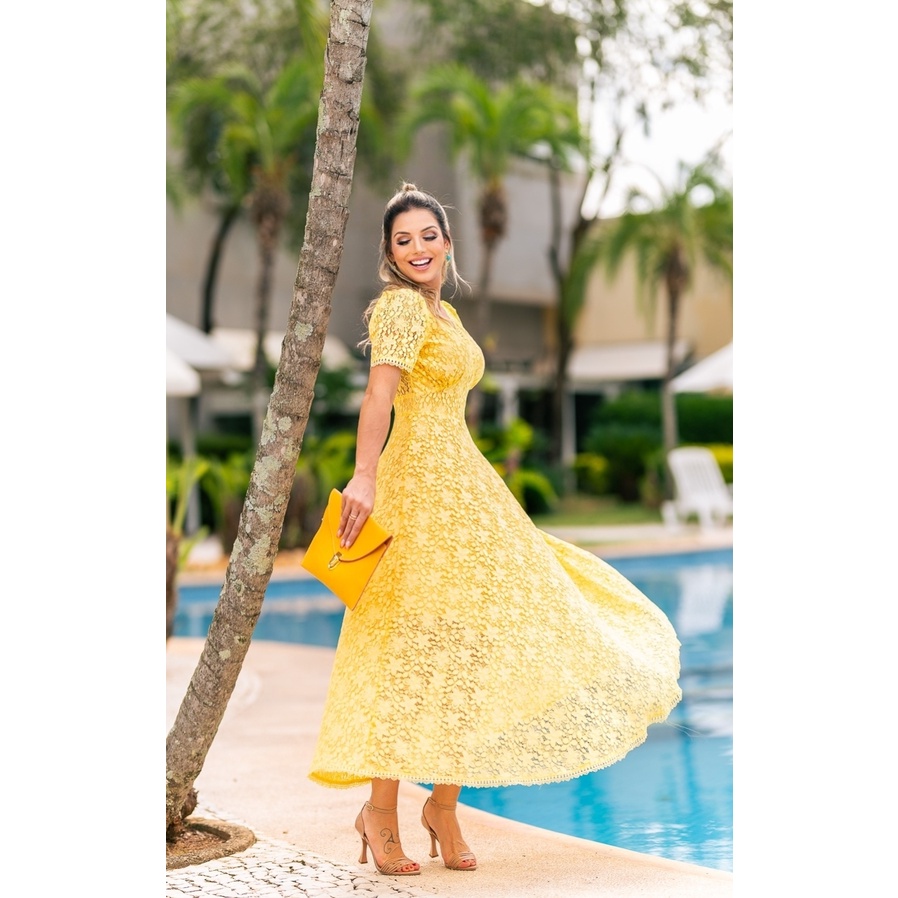 Vestido amarelo hot sale com renda