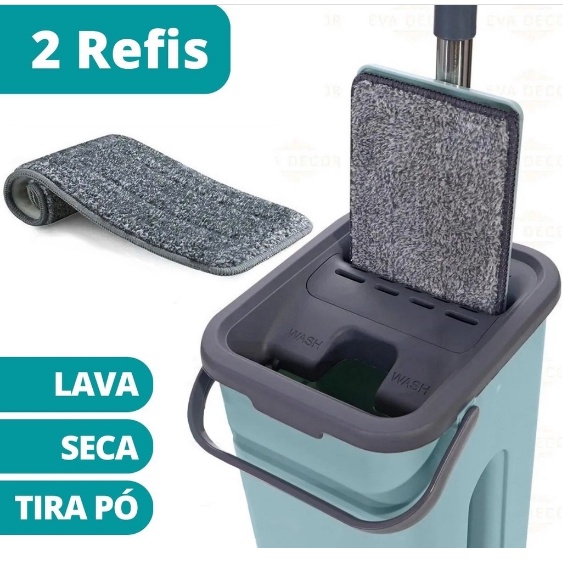 Flat Mop 2 Refis Esfregão Com Balde Rodo Mágico Lava Seca Tira Pó
