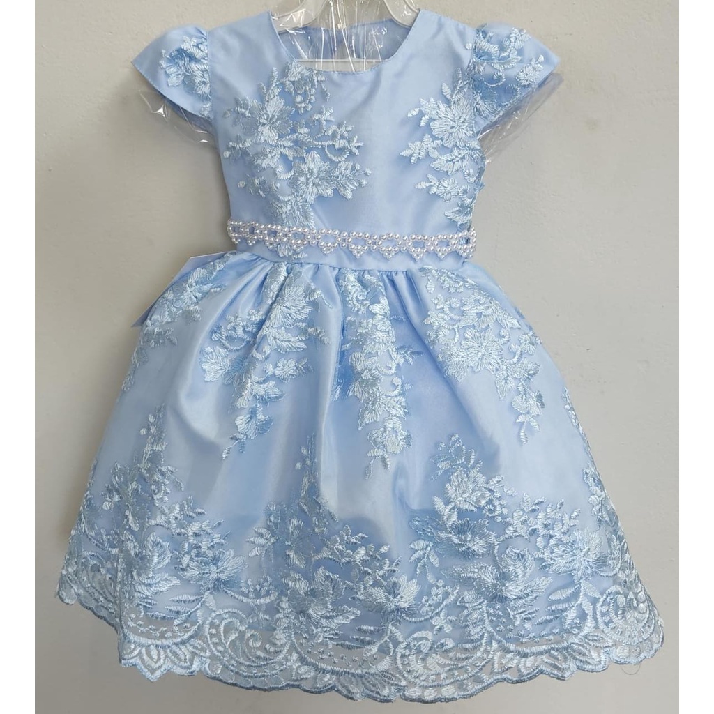 Vestido Infantil Azul C/ Renda Cinto Pérolas Strass Princesa