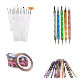 Kit Unhas 15 Pincéis + 5 Boleadores + 12 Fitas Metalizadas