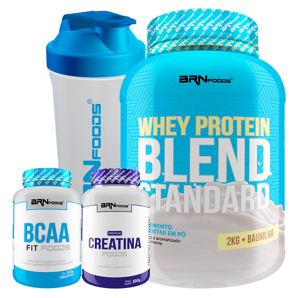 Kit Whey Protein Blend 2kg + Premium Creatina 300g + BCAA 100g + Coqueteleira – BRN Foods