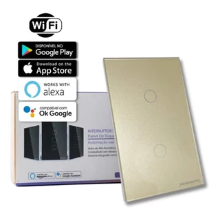 Interruptor Wifi Inteligente Dourado 2 Botões Touch Temporizador App Alexa Google Home Smart Life Tuya