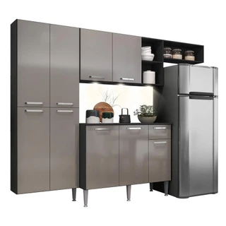 Cozinha Compacta c/ 3 Leds Armário e Balcão com Tampo Pequim Sun Multimóveis Preta/Lacca Fumê