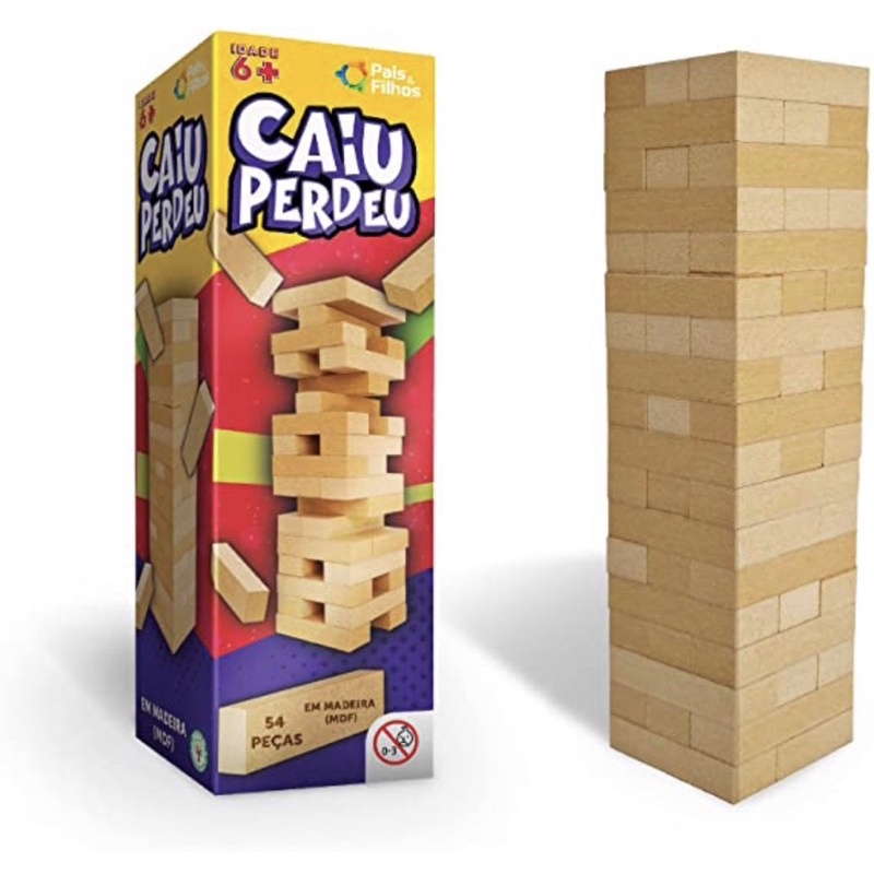 Jogo Caiu Perdeu Pais & Filhos de Madeira Jogo da Torre de Madeira 54 Peças, Desenvolve Coordenação Motora