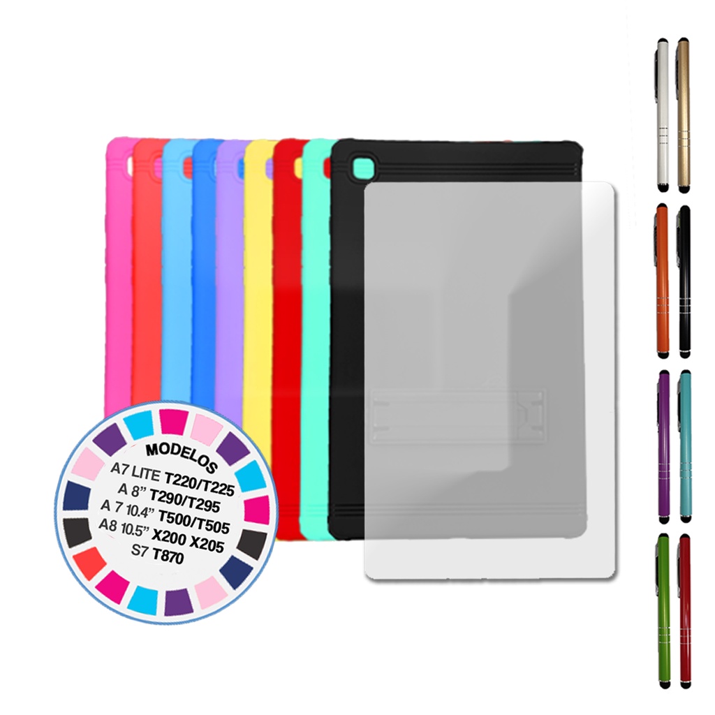 Capa Anti Impacto Colorida para Tablet Samsung Tab A 8'' / 8.7'' / 10.4'' / 10.5" - ( T500 T505 / T290 T295 / A7 LITE T225 T220 / A8 X200 X205) + PELÍCULA VIDRO + CANETA TOUCH