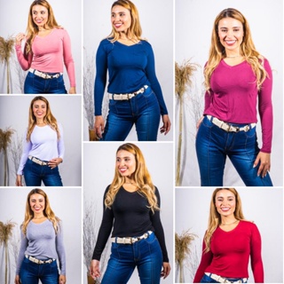 Kit 5 Blusas de frio Feminina Gola V Manga Longa Segunda Pele, inverno