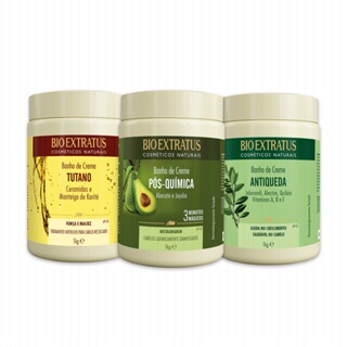 Kit Cronograma Capilar 3 Máscaras 1kg - Tutano - Jaborandi - Pós Química Banho de Creme Bio Extratus