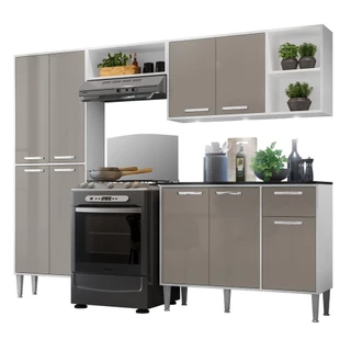 Cozinha Compacta Multimóveis Xangai FG3415 com 3 Leds Armário e Balcão Branca/Lacca Fumê