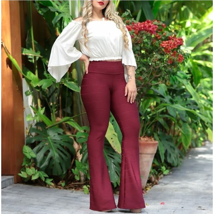 Calça flare hot sale bandagem marsala