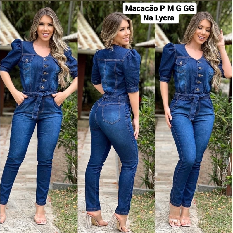 Macacão Jeans Feminino Manguinha Bufante 400485 - A