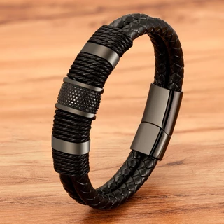 Pulseira De Couro Tecido Envoltório De Corda Estilo Especial Clássico De Aço Inoxidável Masculino De Dupla Camada Design Personalização DIY