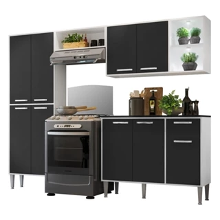 Cozinha Completa Compacta c/ 2 Leds, Armário e Balcão c/ Tampo 4 pçs Xangai Multimóveis Branca/Preta