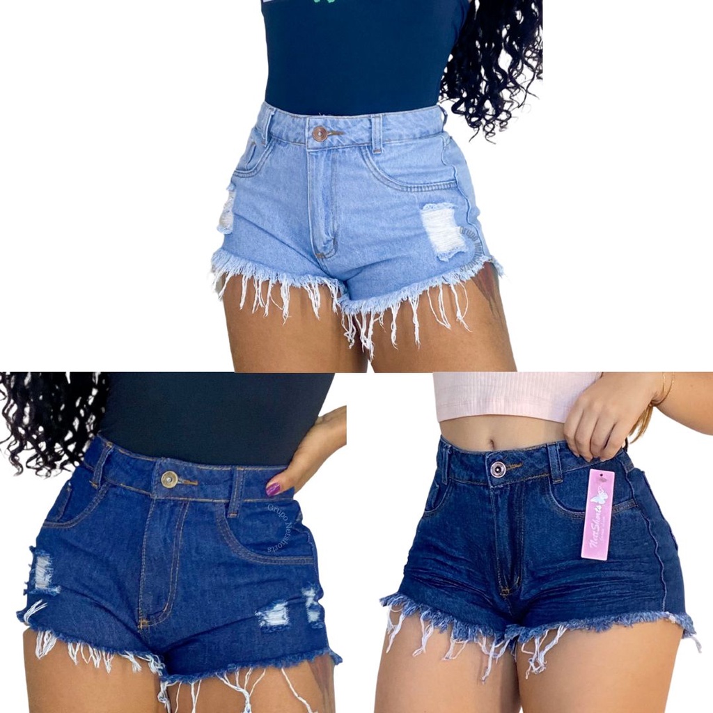 Kit 3 Short Feminino Jeans Com Licra Cintura Alta Desfiado Curto 3