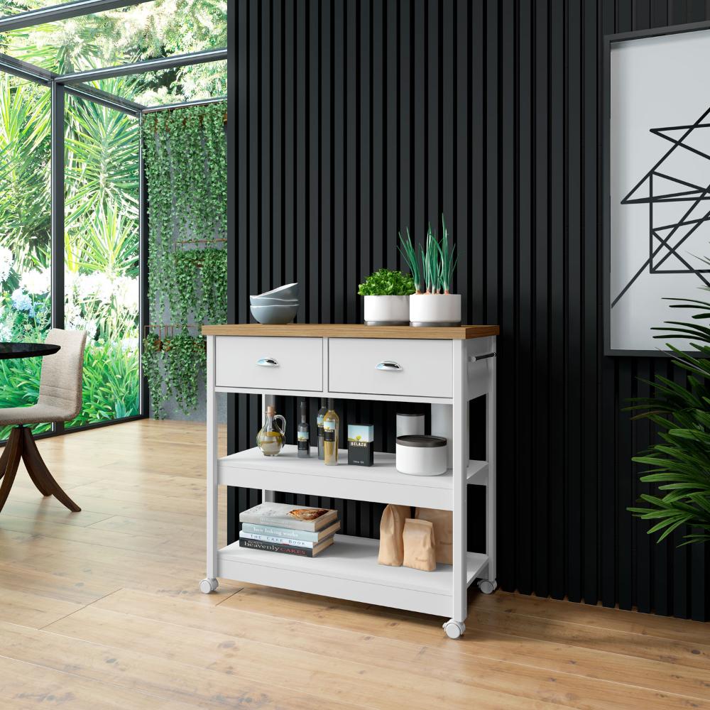 Aparador Carrinho Chá Ditália 2 Gavetas Branco BA-135