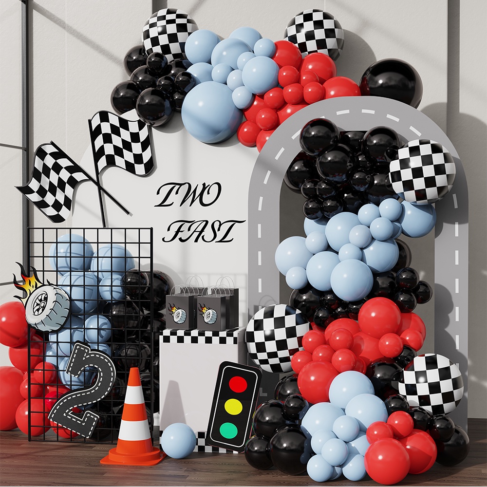 145Pcs Balão Temático De Carro De Corrida Garland Arch Kit Vermelho Macaron Preto Balões De Látex Azul Festa De Aniversário De Menino Decoração De Chuveiro De Bebê