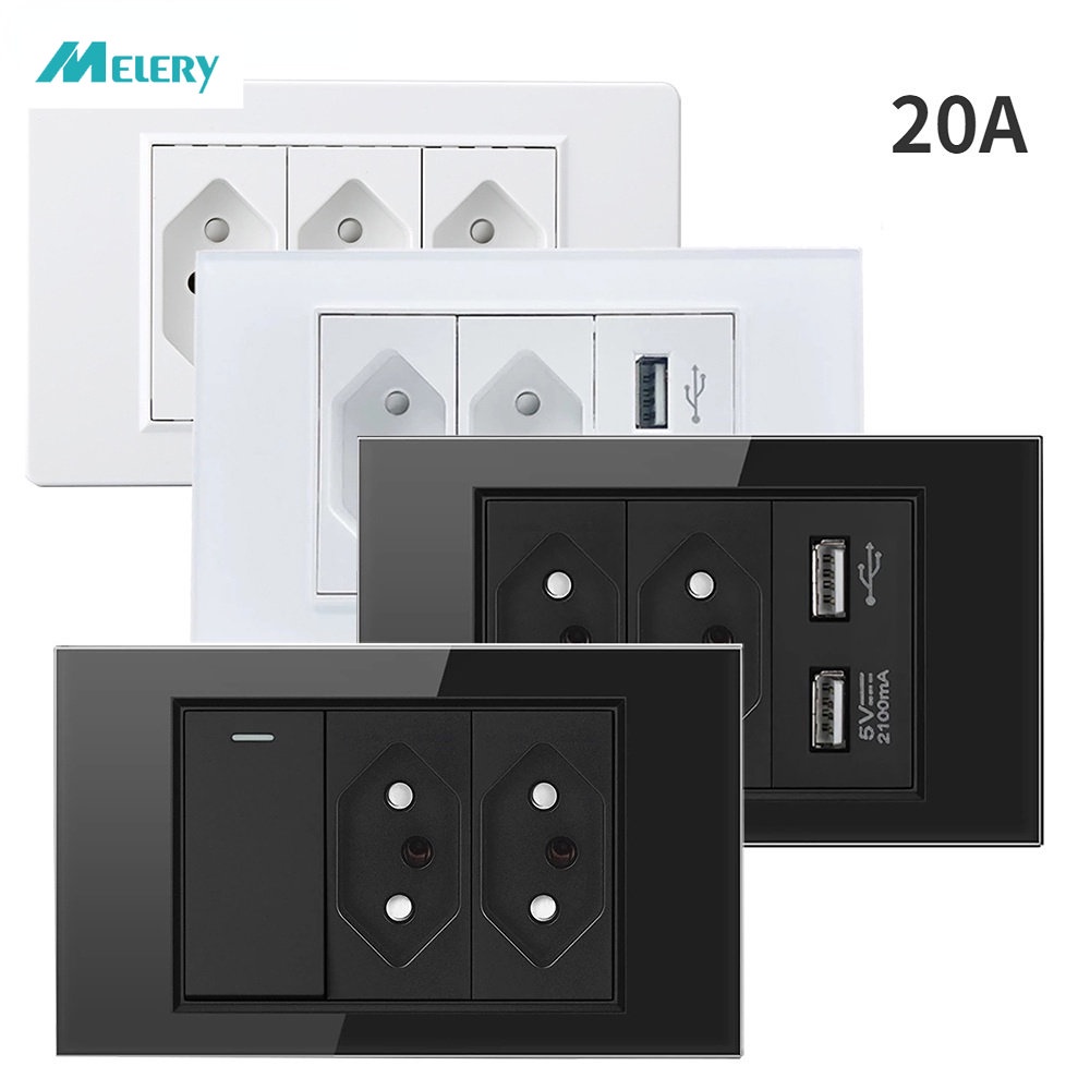 Tomada USB De Parede Do Brasil 20A Interruptor De Pressão De Painel De Vidro Temperado 118 Posições Jack Outlet Home Office