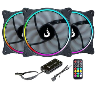 Kit 3 Coolers Fans Ventoinhas Para PC Gabinete 120mm Led RGB Com Controladora e Controle Remoto Rise Mode
