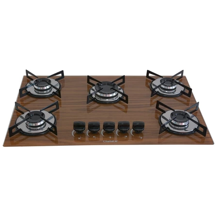 Fogão Cooktop Premium Gás 5 Bocas Ultra Chama 127v 220v Amadeirado Escuro