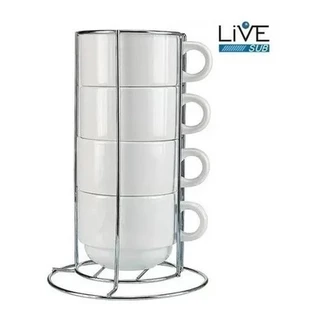 Kit com 4 Xícaras de Porcelana para Sublimação + Suporte de Metal - LIVE .