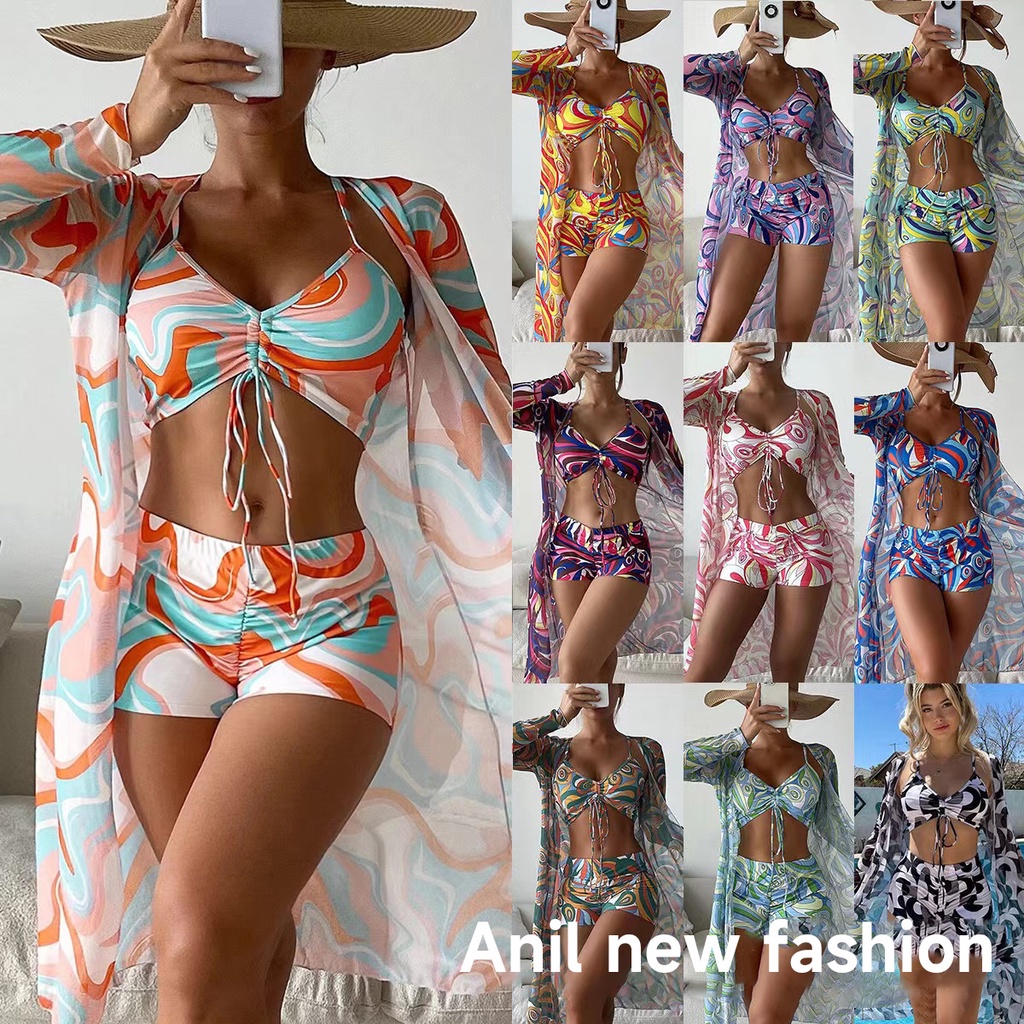 [Conjunto De Biquíni De Três Peças De Cintura Alta Fato De Banho Feminino De Manga Comprida ins Blusa De Praia kimono
