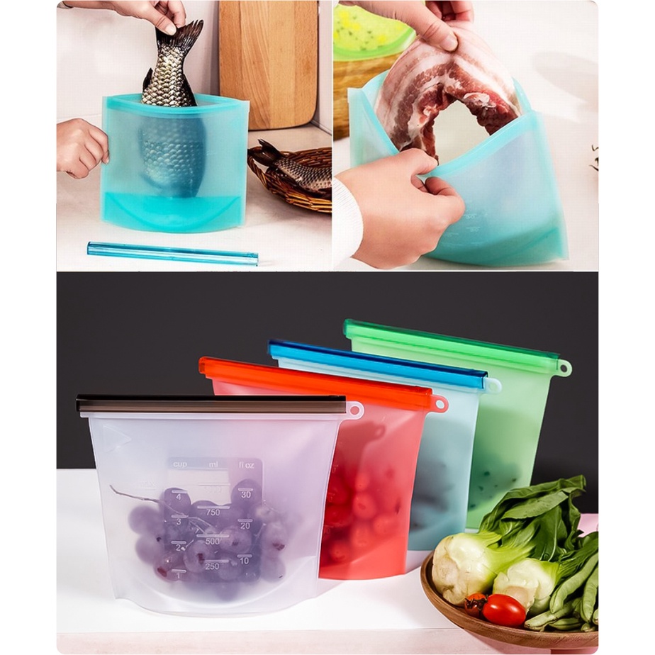 Saco de Silicone Porta Alimentos Reutilizável com Fecho Zip Lock 1 Litro Frezeer Geladeia Micro-ondas 1000 ml