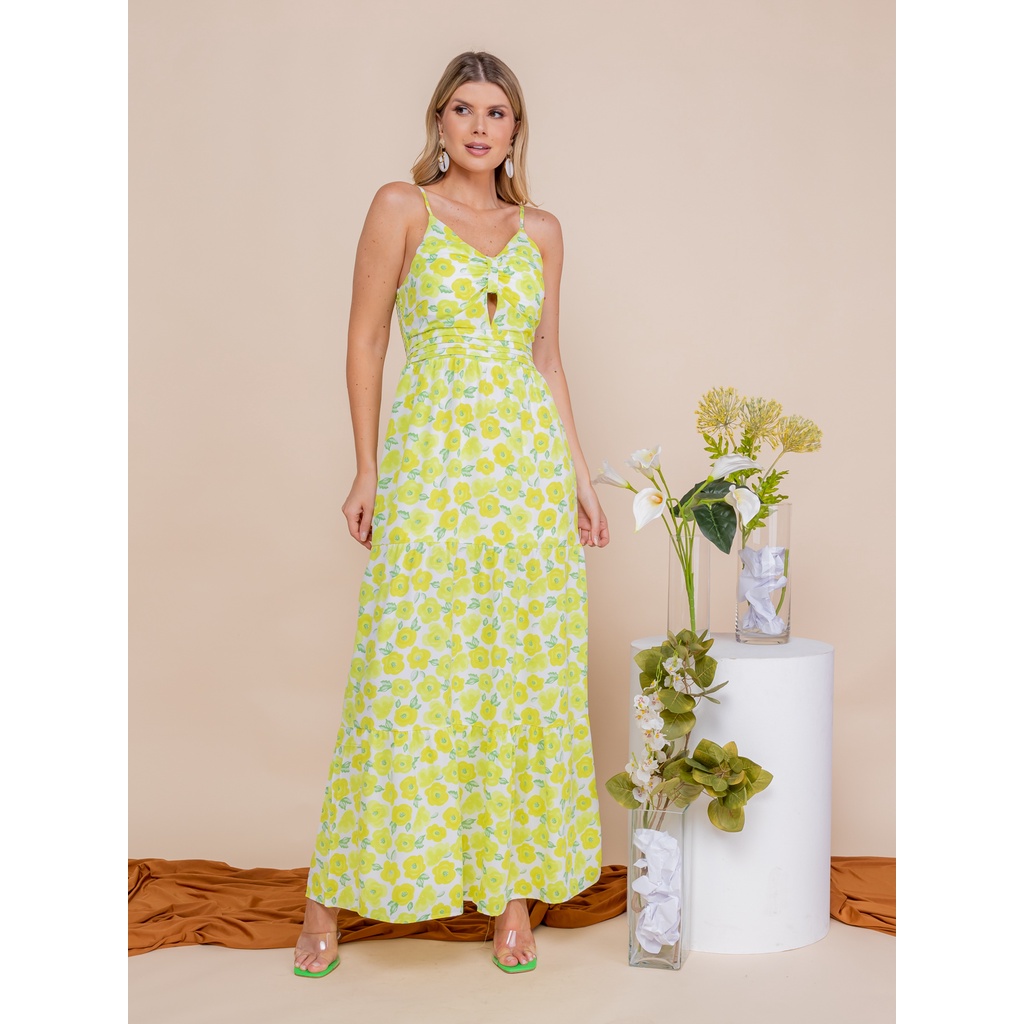 Vestido longo de alça estampa Verão com elástico Costas