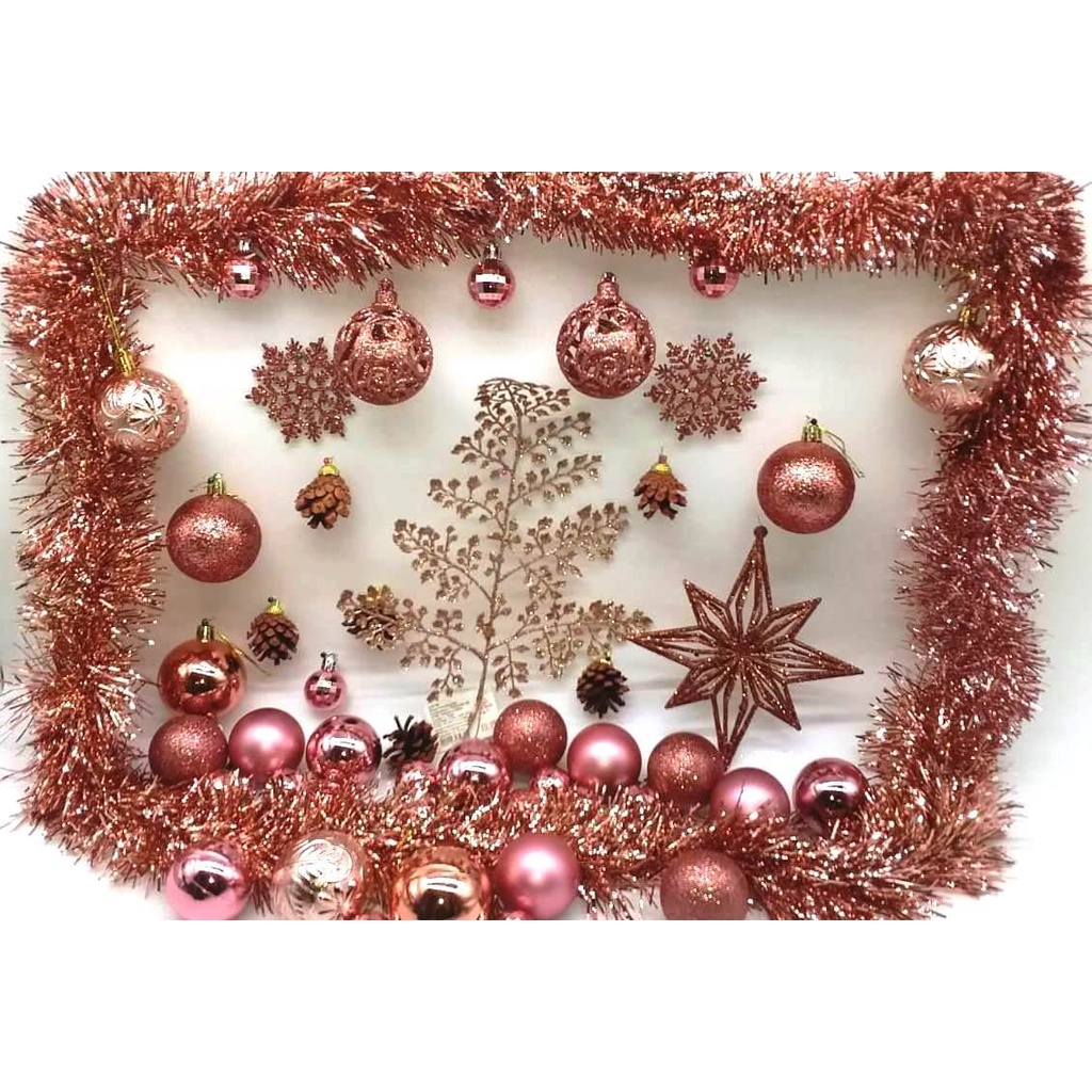 Conjunto Rose Gold Decoração Árvore Natal Bolas Pinhas