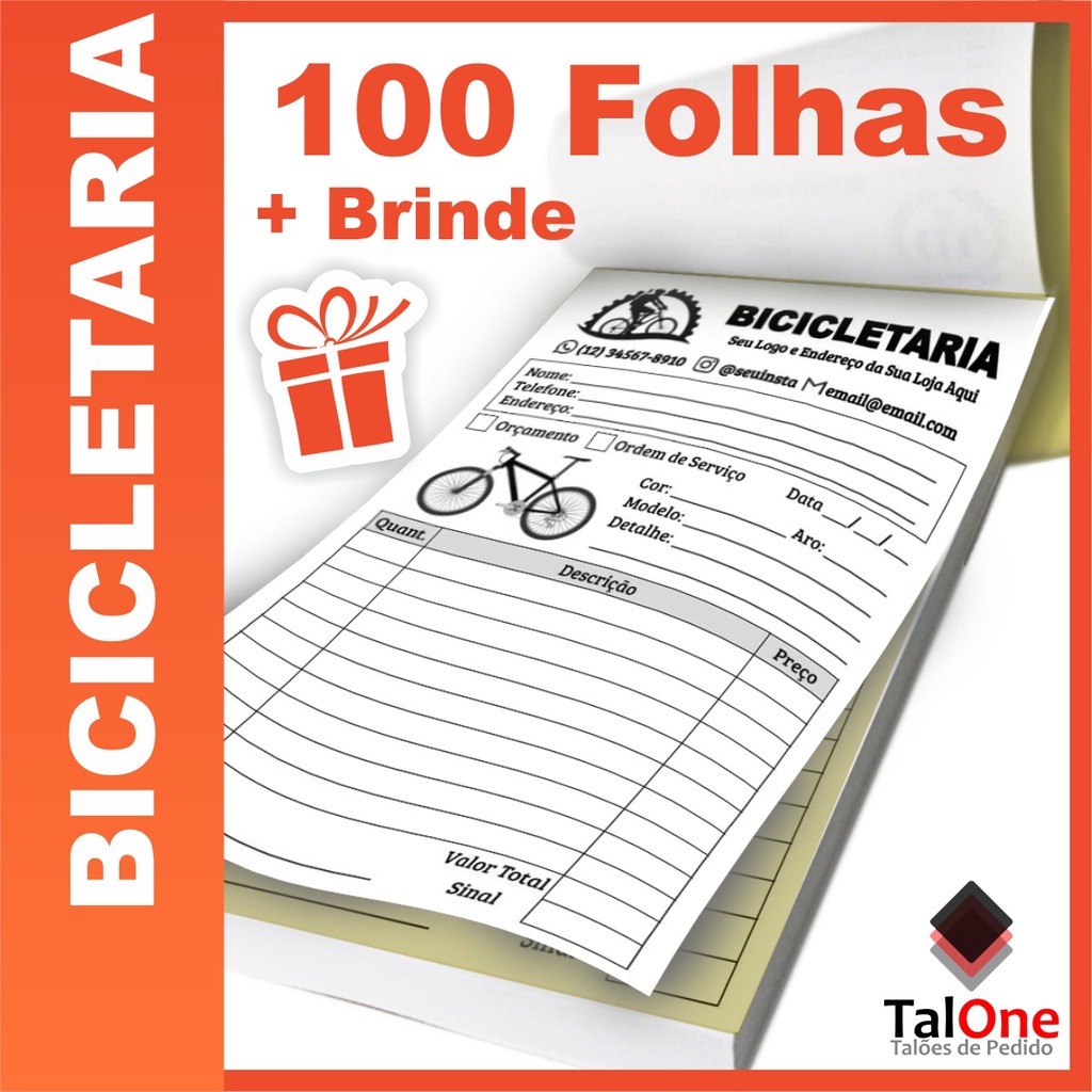 Bicicletaria Ordem de Serviço, Talão de Pedido, Bloco de Orçamento, Recibo de Venda - 100 Folhas - 1 ou 2 vias - Bike - Bicicleta