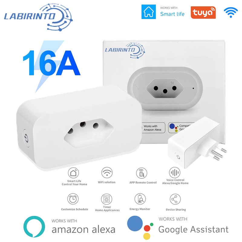 LABYRINTH 16A Padrão Brasil Tuya Wifi Adaptador De Plugue Inteligente Tomada Monitor De Energia Vida Temporizador APP Google Home Alexa
